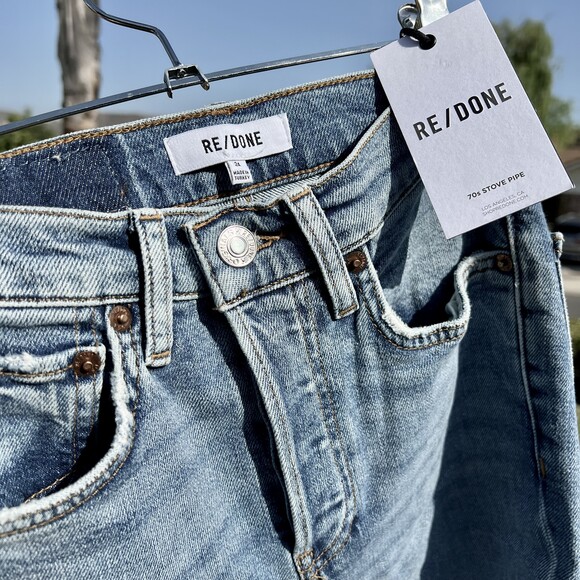 NWT Redone High Rise Stove Pipe Jeans Brisk Blue w Rips Straight Size 24 fits 25 - Picture 7 of 8